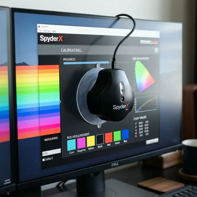 SpyderX colorimeter device attached to a computer monitor showing calibration software