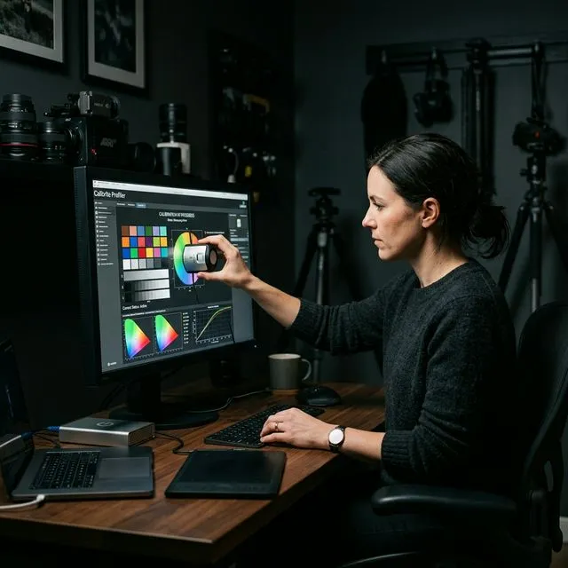 Professional photographer using a colorimeter to calibrate a monitor in a dimly lit studio
