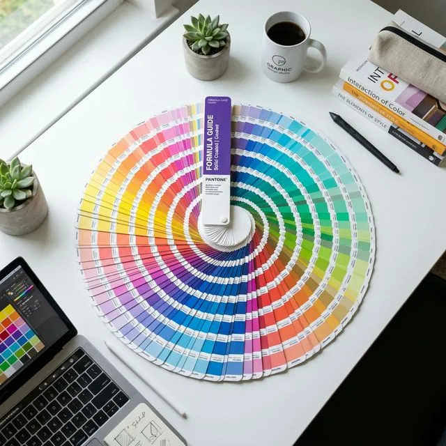 Pantone Formula Guide color swatches fanned out on a designer desk showing hundreds of color chips