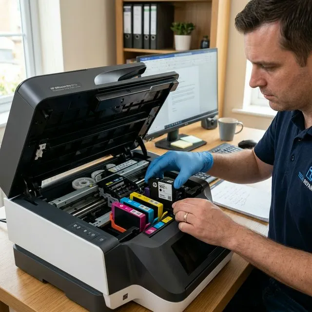 Technician installing a new ink cartridge in an inkjet printer