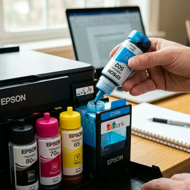 Close-up of refilling an Epson EcoTank printer with cyan ink from a bottle