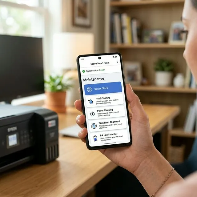 Aplicación Epson Smart Panel en un smartphone mostrando el menú de mantenimiento