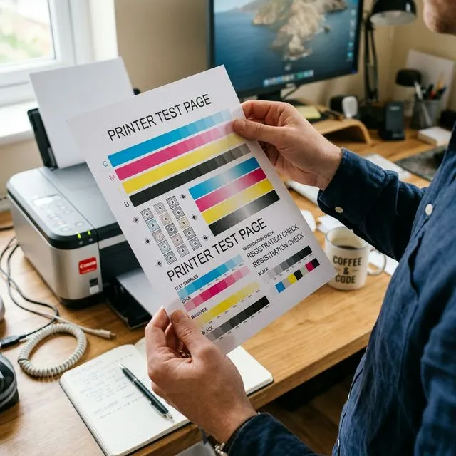 Person examining a freshly printed color test page with CMYK color bars and alignment patterns