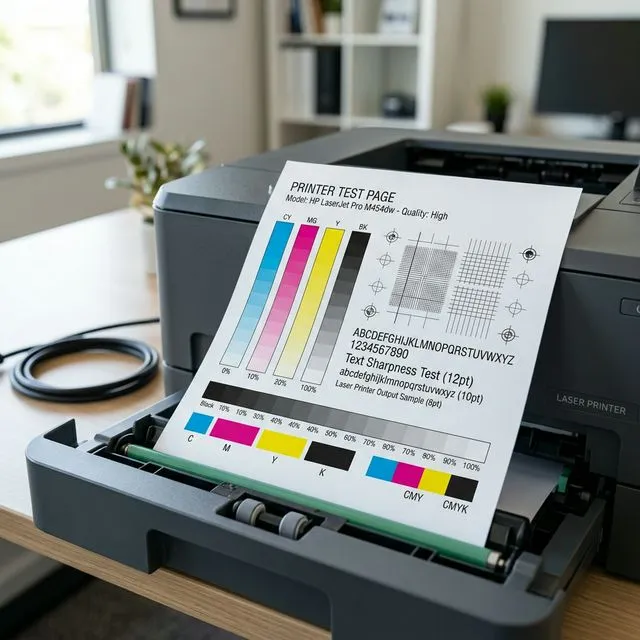 Close-up of a color test page with CMYK bands and text samples emerging from a laser printer