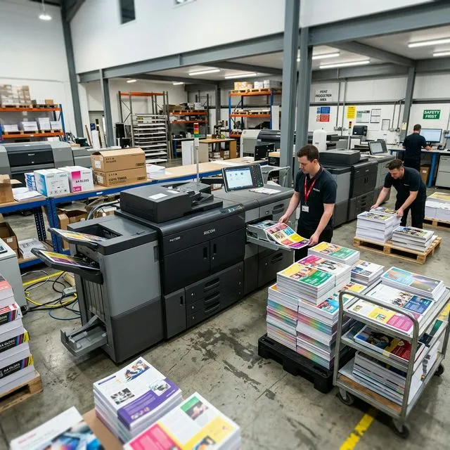 Professional Ricoh production printer in a commercial print shop producing high-volume color prints