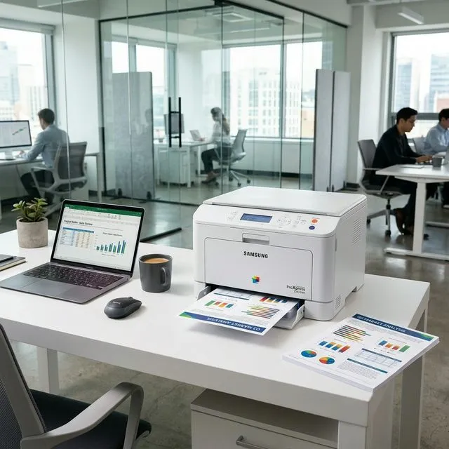 Samsung color laser printer in a modern minimalist office printing professional documents