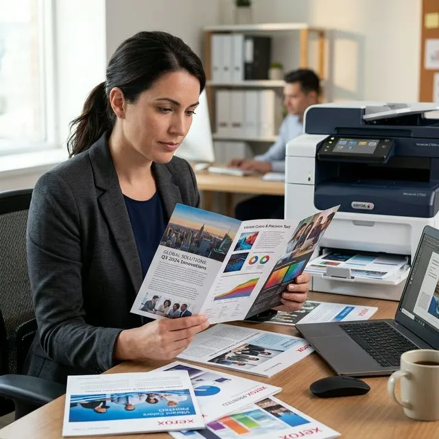 Person examining a color brochure from a Xerox printer checking print quality
